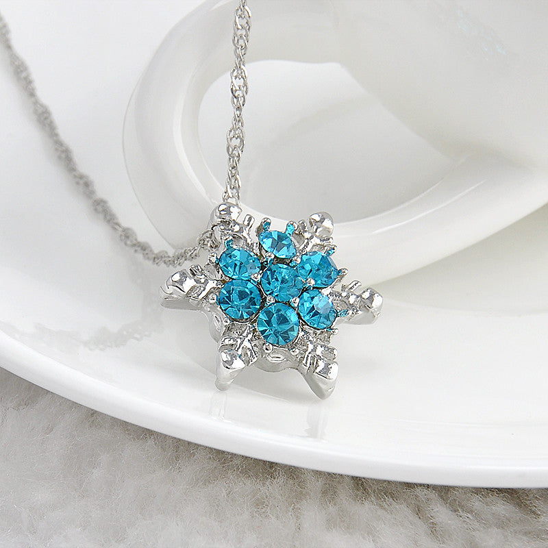 Vintage Lady Blue Crystal Snowflake  Pendant Silver Necklace