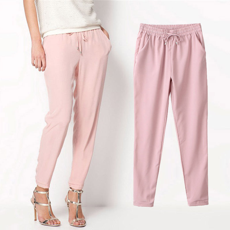 Elastic Waist Solid Color Slim Style Casual Women Pants