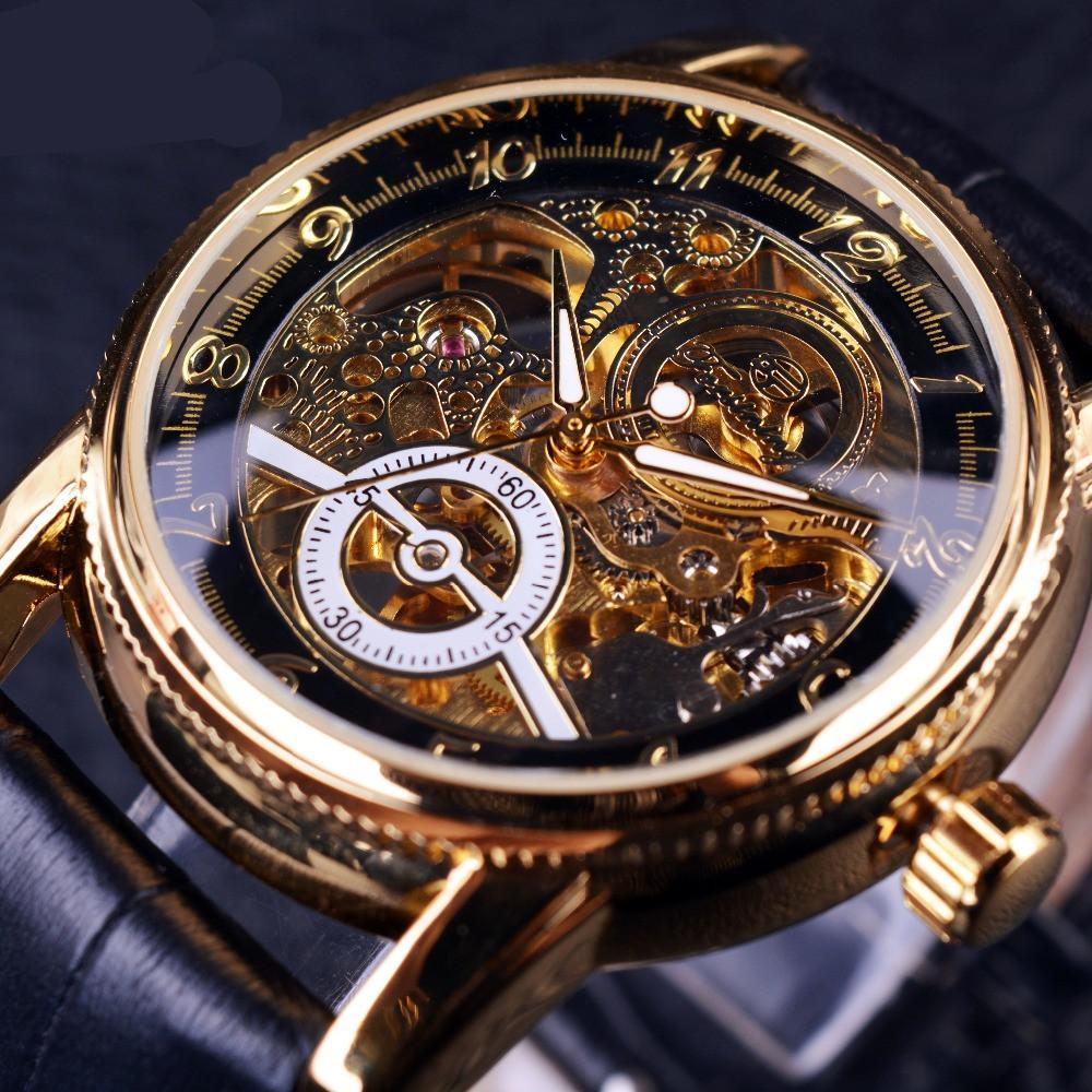 Hollow Engraving Black Golden Case Luxury Brand Automatic Watches wm-m
