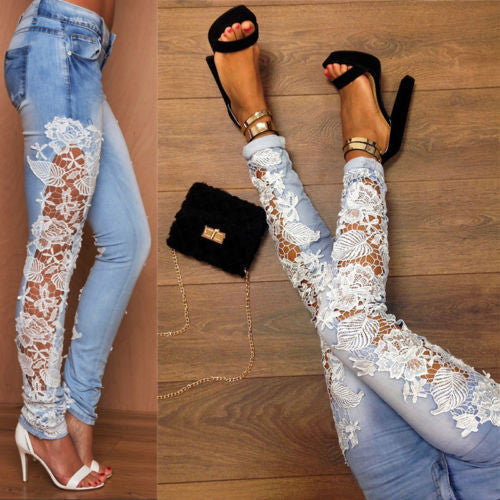 Hollow Out Lace Floral Splice High Waist Casual Jeans For Women