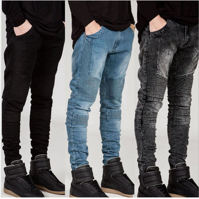 Biker Jeans For Men Zipper Straight Strechable