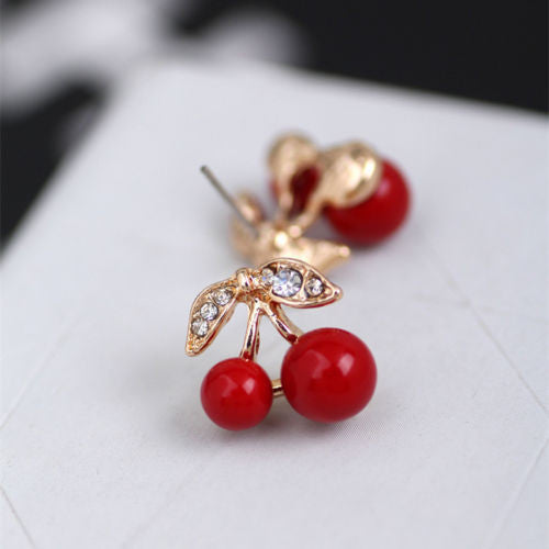 Cute Red Cherry Leaf Beads Lovely Earrings