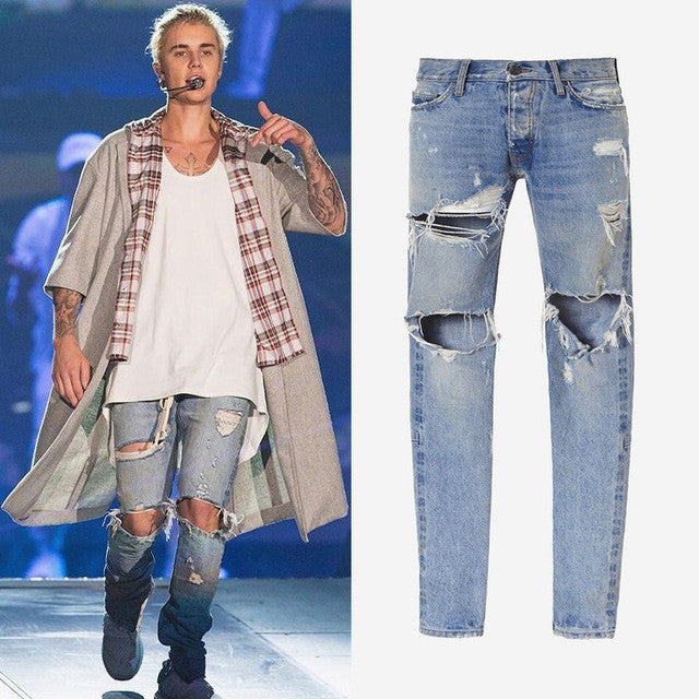 Rockstar Justin Bieber Ankle Zipper Destroyed Skinny Ripped Jeans for Men