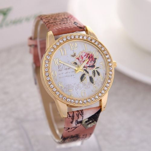 Rose Flower And Diamond Design Quartz Watch ww-b