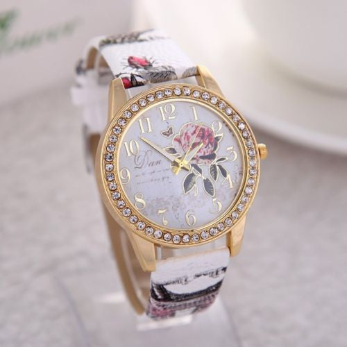 Rose Flower And Diamond Design Quartz Watch ww-b