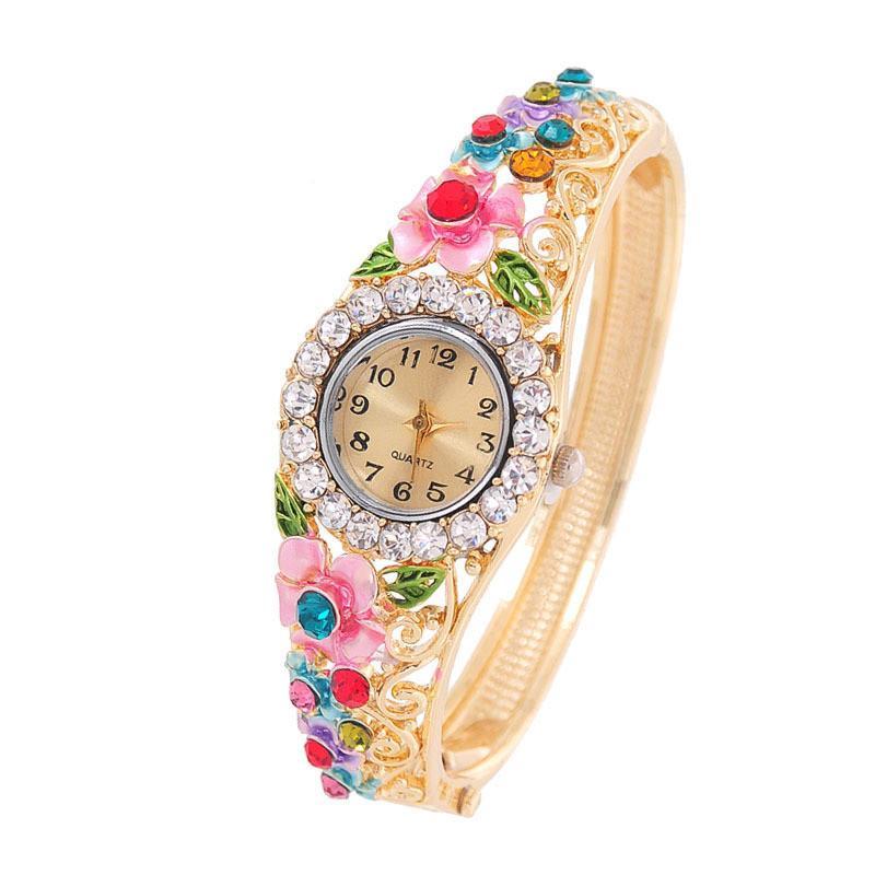 Vintage Quartz Watches for Women With Gold Plated Flower Design Bracelet ww-b