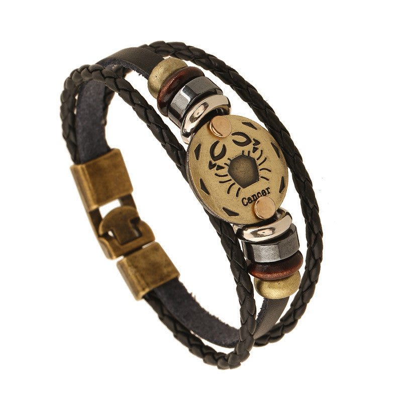 12 Zodiac Sings Leather Bracelets Alloy Vintage Women Men's Jewelry