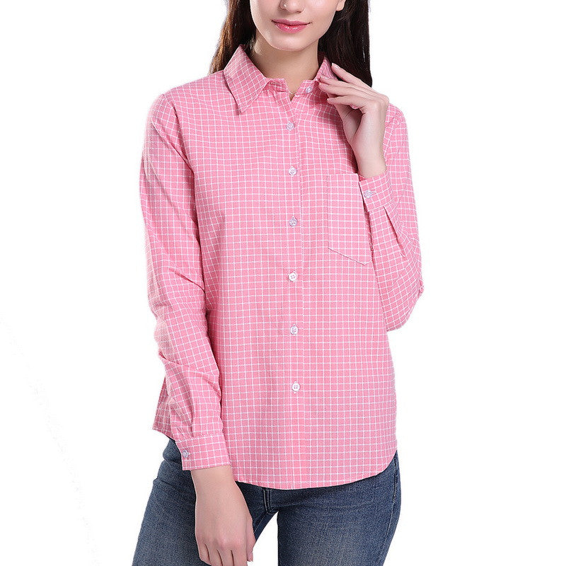 Long Sleeve Turn-Down Collar Plaid Women Casual Cotton Shirt Tops