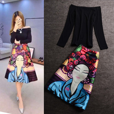 Two Piece Cotton Black Shirt Tops + Print Face Skirts