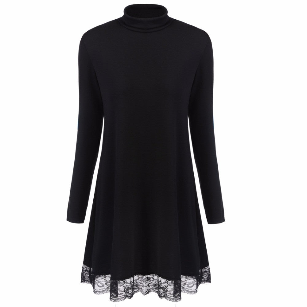 Elegant Long Sleeve Women Dresses Black Patchwork Flare