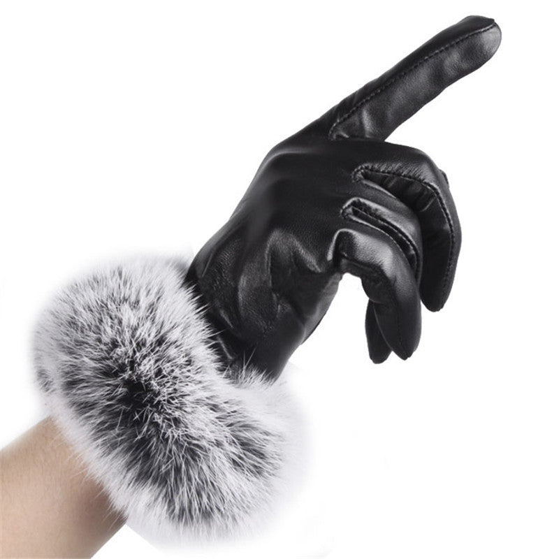 Lady Black Winter Warm Rabbit Fur Leather Gloves For Women