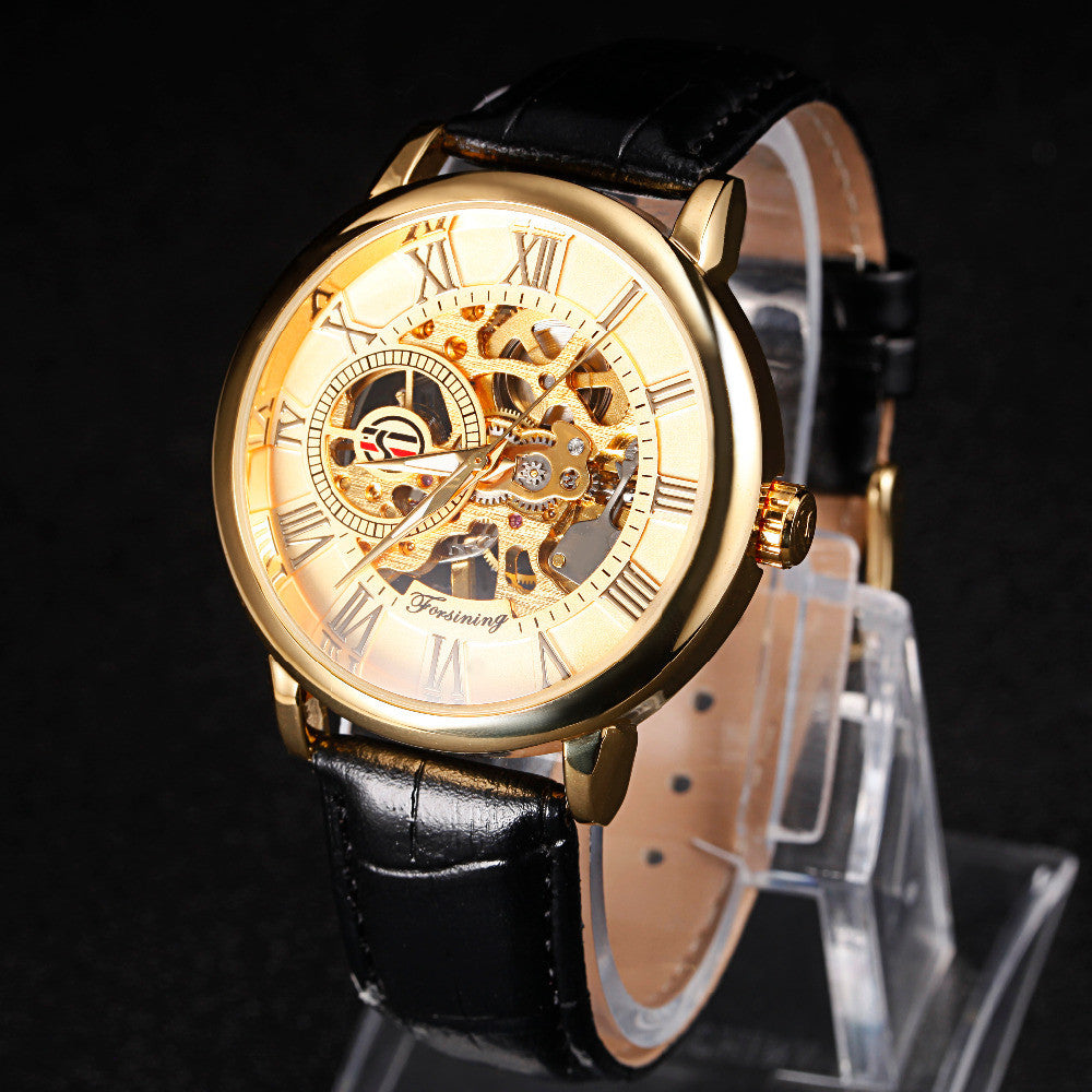 Golden Luxury Roman Display mechanical Leather Strap Male Watch wm-m