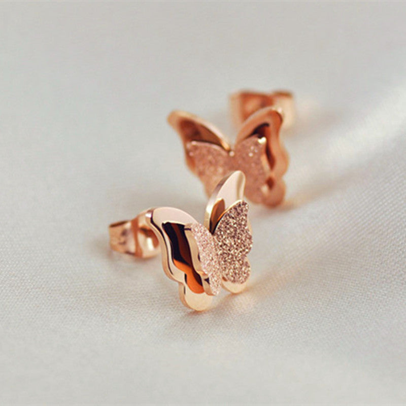 Beautiful Rose Gold Plated Frosted Double Butterfly Earrings