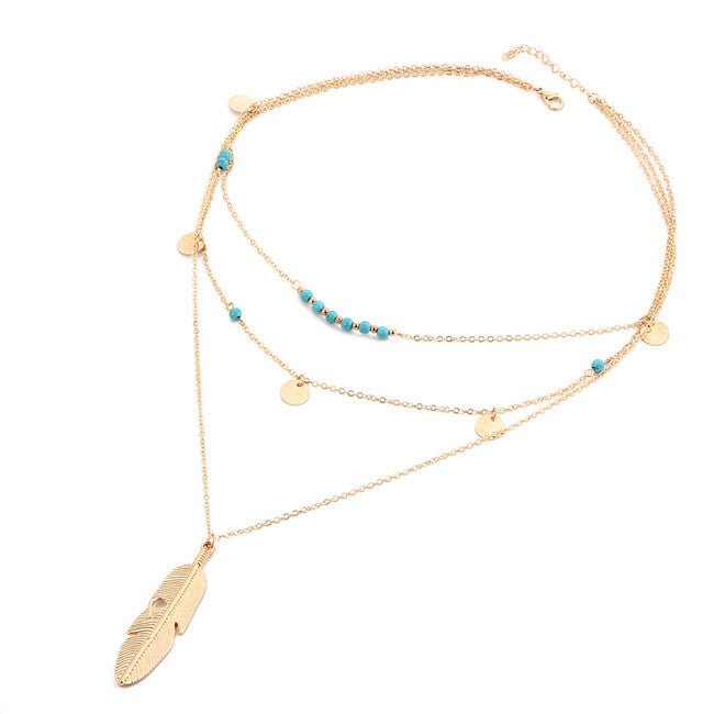 Chain Turquoise Necklaces Multi Layer Leaf Fashion