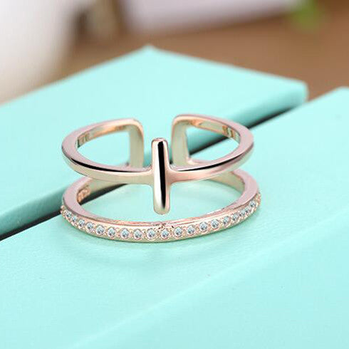 Formal Silver Rose Gold Hollow Double Layer Crystal T Ring wr-