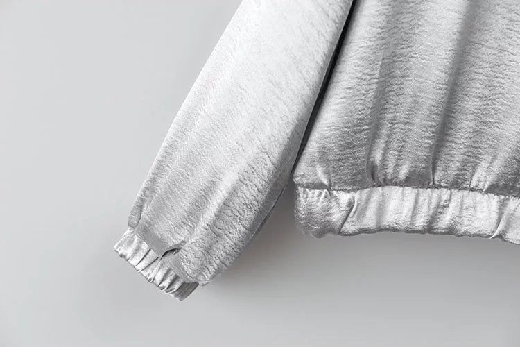 Metallic Silver Color Stand Long Sleeve Women Jacket