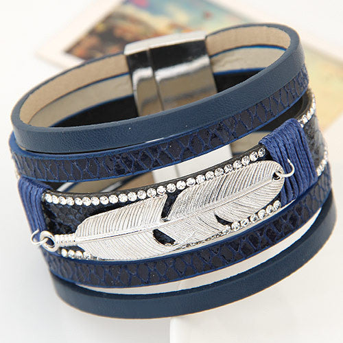 Feather Leaves Wide Magnetic Leather Multilayer Bracelets mj-
