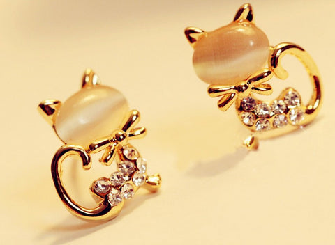 Fine 18K Gold-Plated Super Cute Sweet Fresh Opal Rhinestone Kitty Cat Stud Earrings