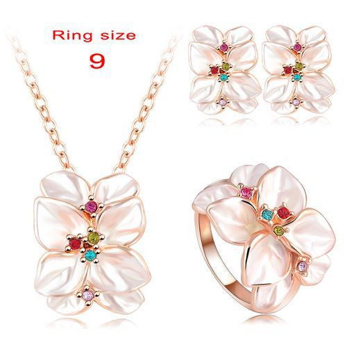 Flower Gold Plate Crystal Enamel Earrings/Necklaces/Ring Wedding Jewelry Sets