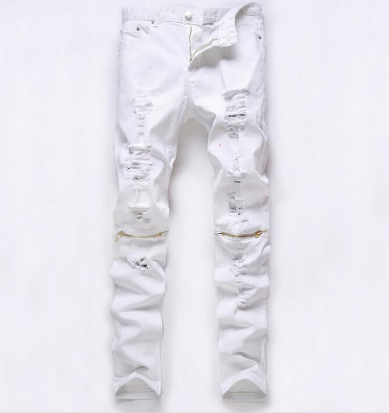 Ripped Designer Slim Fit Knee Zipper Jeans for Men