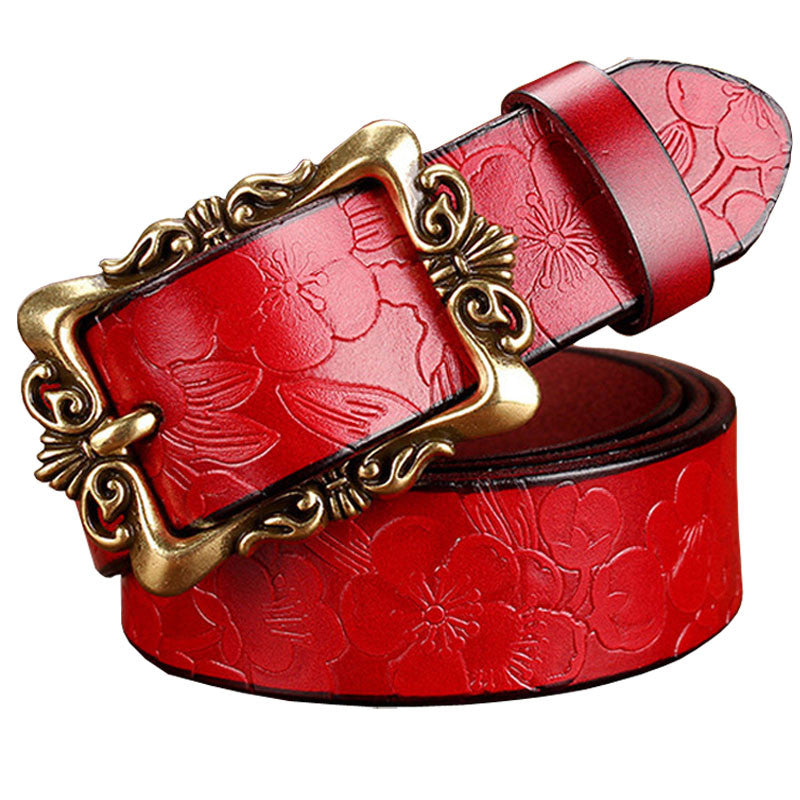 Genuine Leather Belt For Women Vintage Floral Top Quality For Jeans