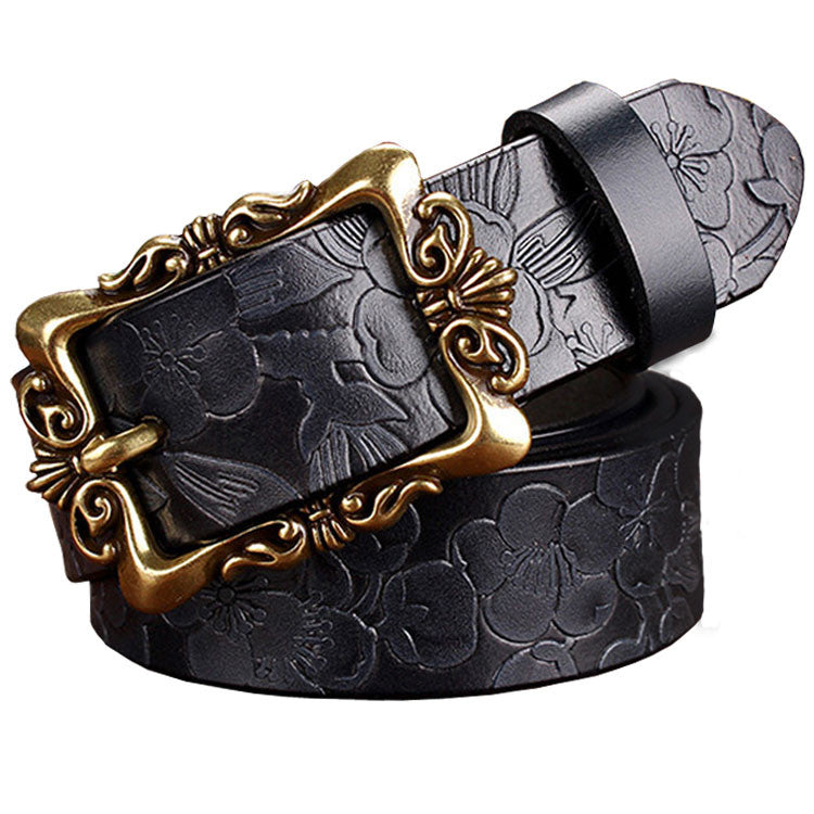 Genuine Leather Belt For Women Vintage Floral Top Quality For Jeans