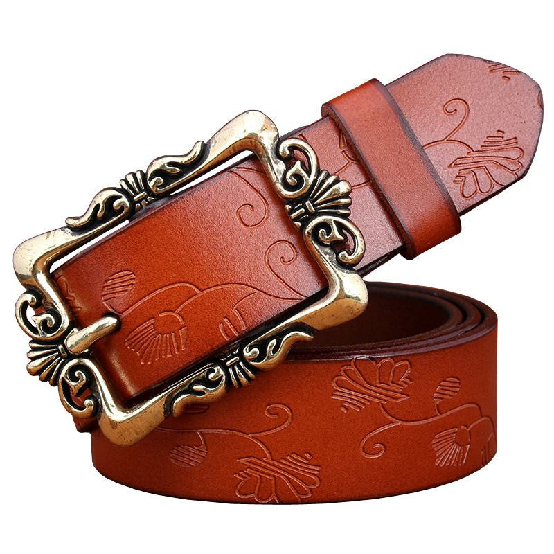 Genuine Leather Belt For Women Vintage Floral Top Quality For Jeans