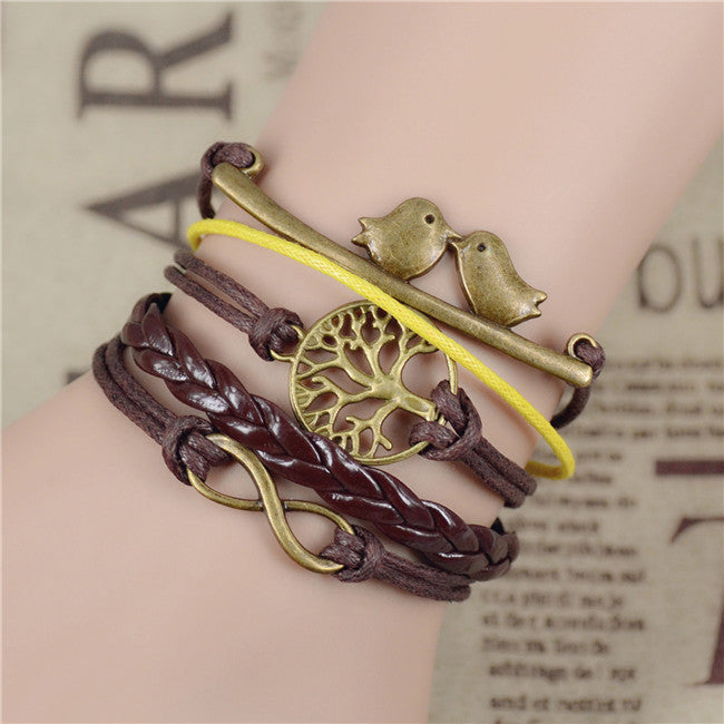 Infinity Leather Love Owl Leaf Charm Handmade Bracelets mj-