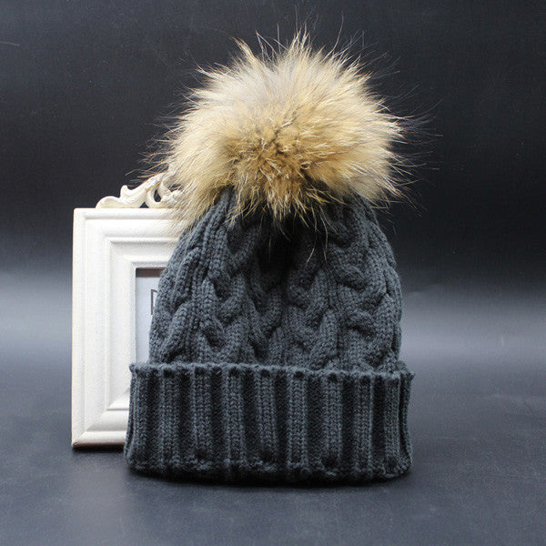 Wool Knitted 100% Real Raccoon Fur Pompom Hats For Women