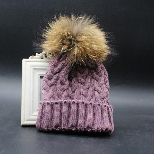 Wool Knitted 100% Real Raccoon Fur Pompom Hats For Women