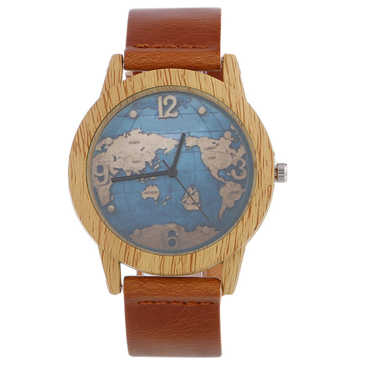 Wooden Case World Map Dial Leather Band Watch ww-d wm-q