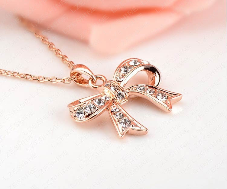 Bow Necklaces Jewelry Real Rose Gold Plated Austrian Crystal Pendants
