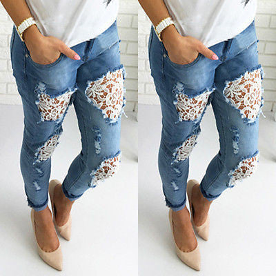 Floral Ripped Distressed Slim Denim For Women