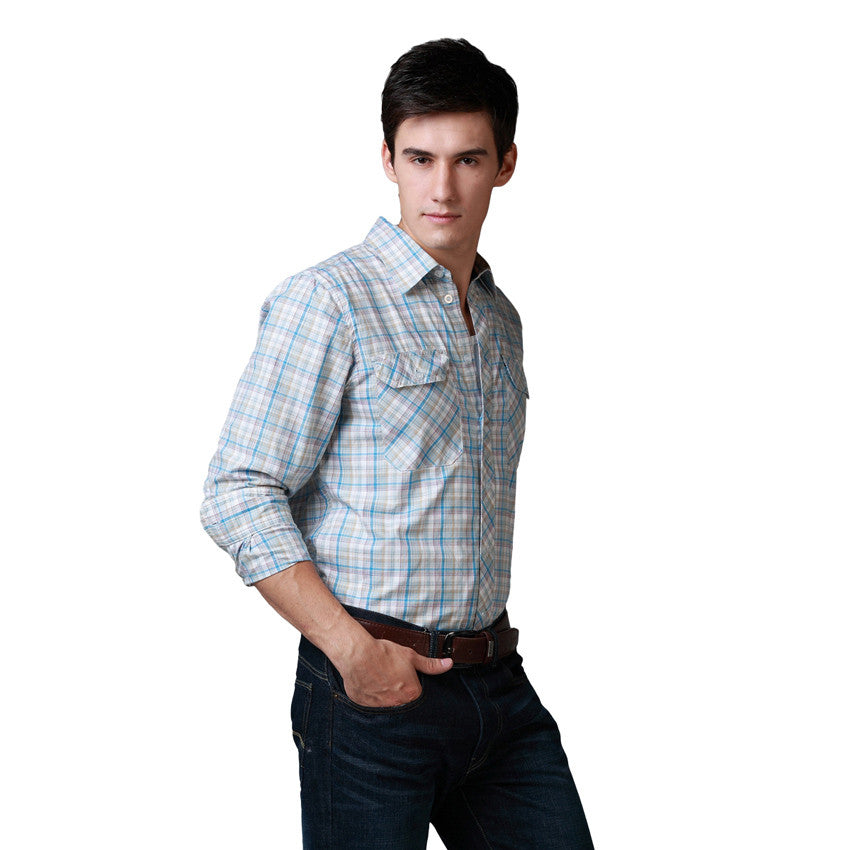 Casual Cotton Plaid Two Front Pocket Shirts for Men