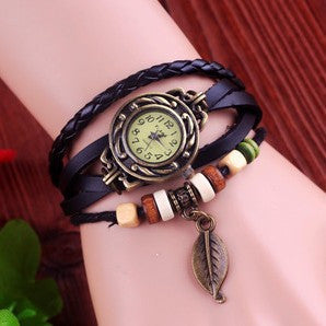 Leaf Tag Leather Wooden Bead Antique Watch ww-b