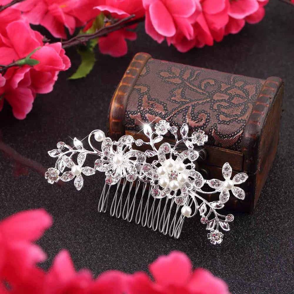 Flower Crystal Pearls HairClip Comb