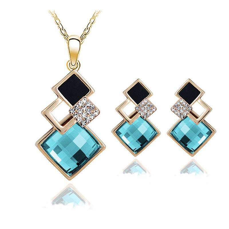Geometry Square Wedding Jewerly Sets With Blue Crystal Necklaces Earrings