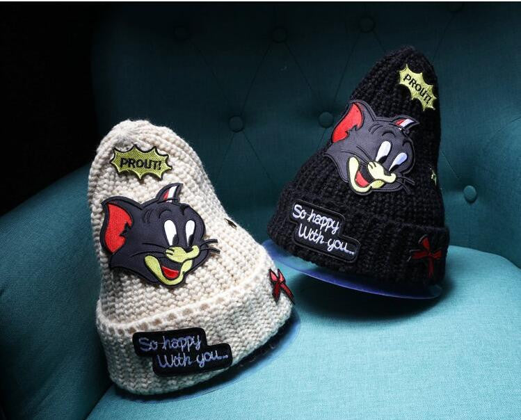 Knitted Tom and Jerry Cartoon Mouse Patch Women Hats