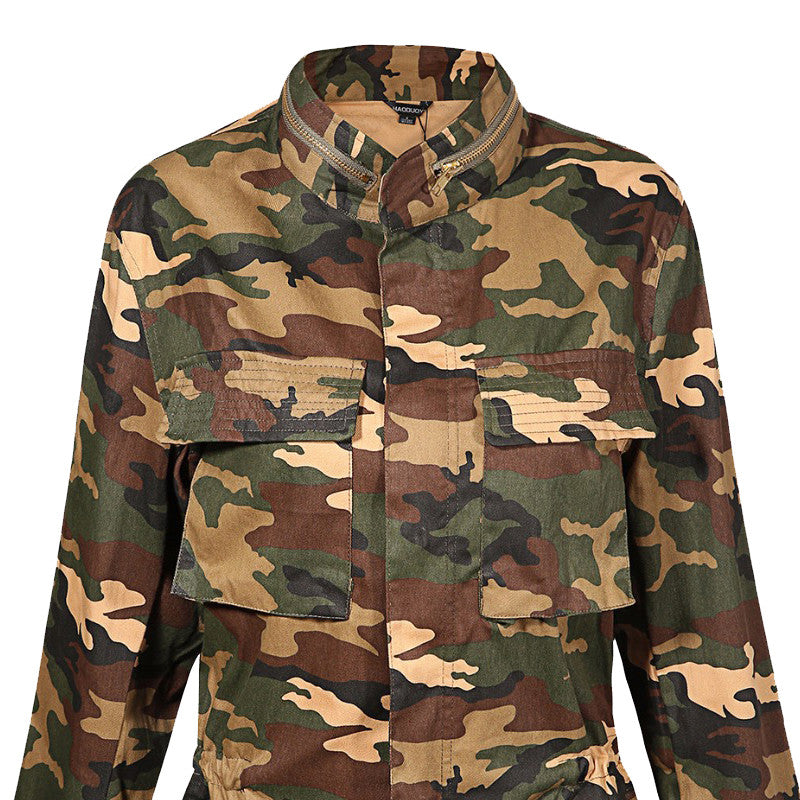 Loose Camouflage Coat Stand Collar Pocket Long Sleeve Women Jacket