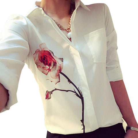 Elegant Women Long Sleeve Flower Print Shirt tops