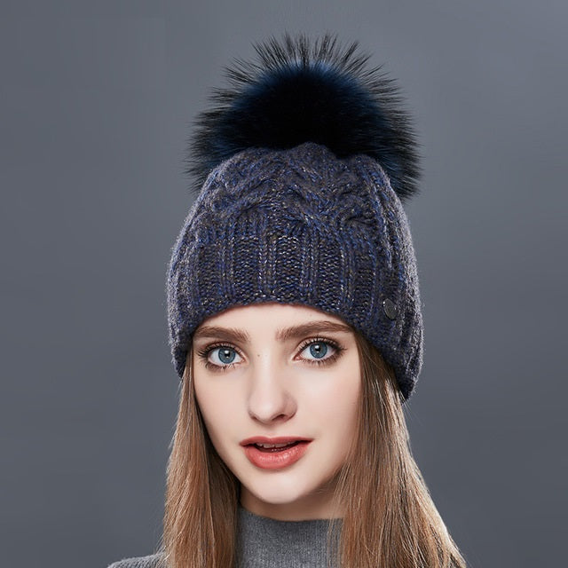 Thick Warm Double Layer Hats For Women With Fur Pompom Cashmere Beanies