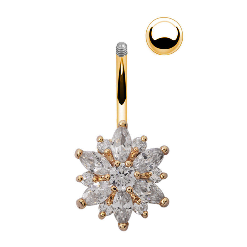 Stainless Steel Green Flower Crystal Navel Bars Gold Belly Button Ring bj-