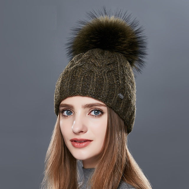 Thick Warm Double Layer Hats For Women With Fur Pompom Cashmere Beanies