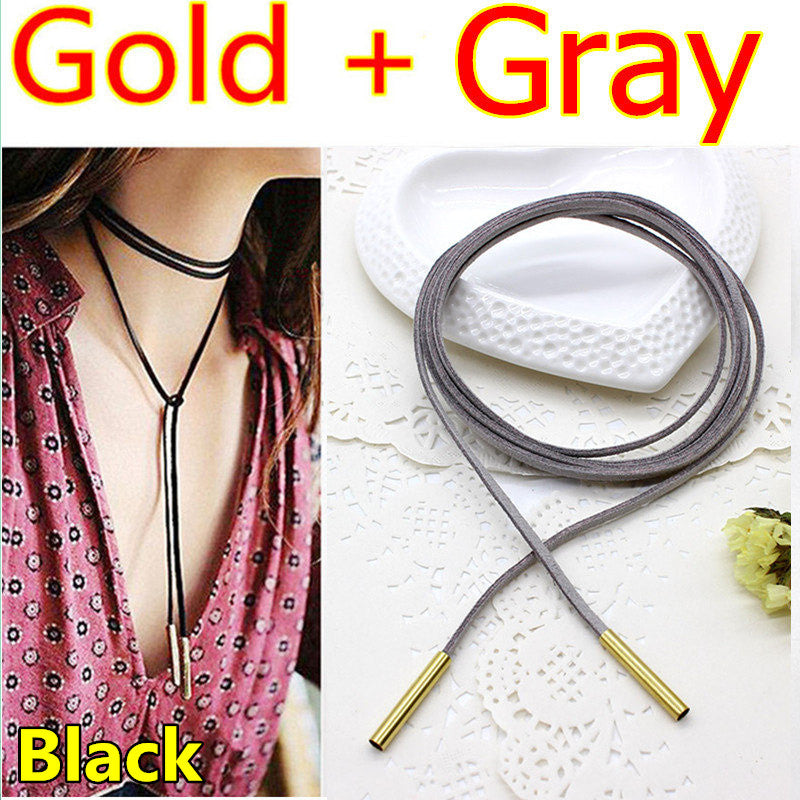 2 Pcs Choker Necklaces Black Leather Long Rope Chain Collier