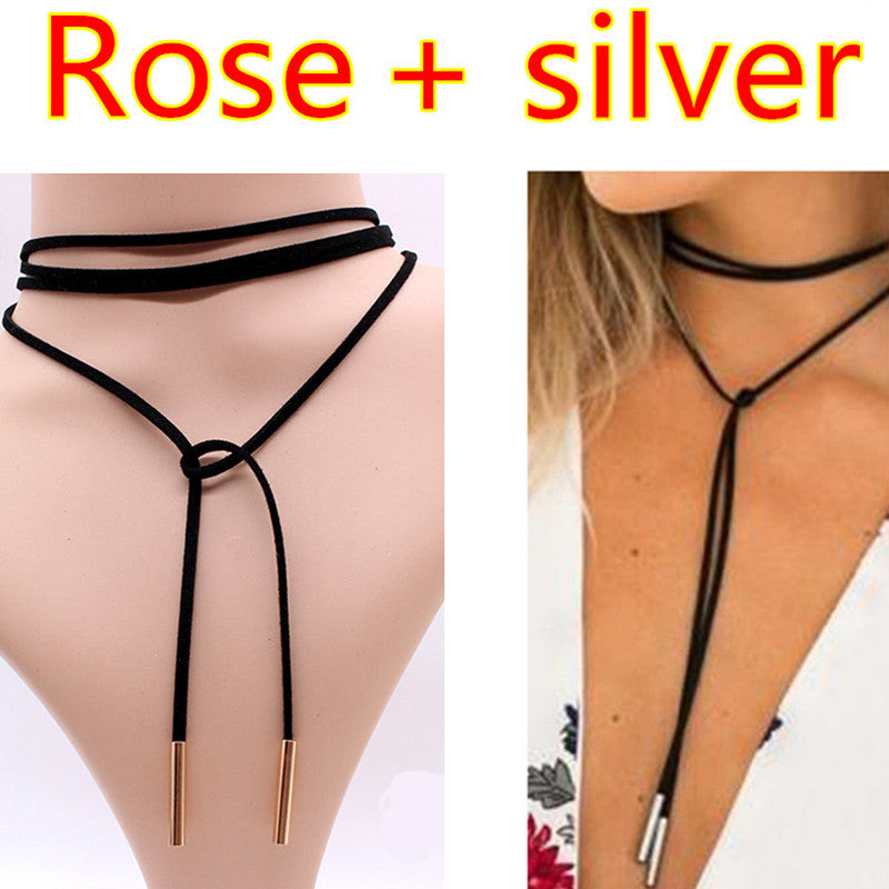2 Pcs Choker Necklaces Black Leather Long Rope Chain Collier