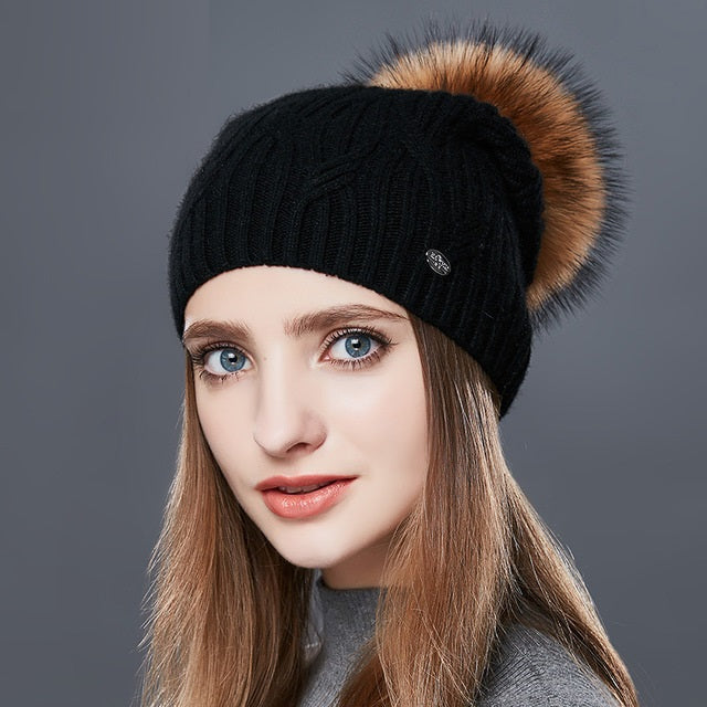 Cashmere Knitted Winter Hat For Women With Real Fur Pompom