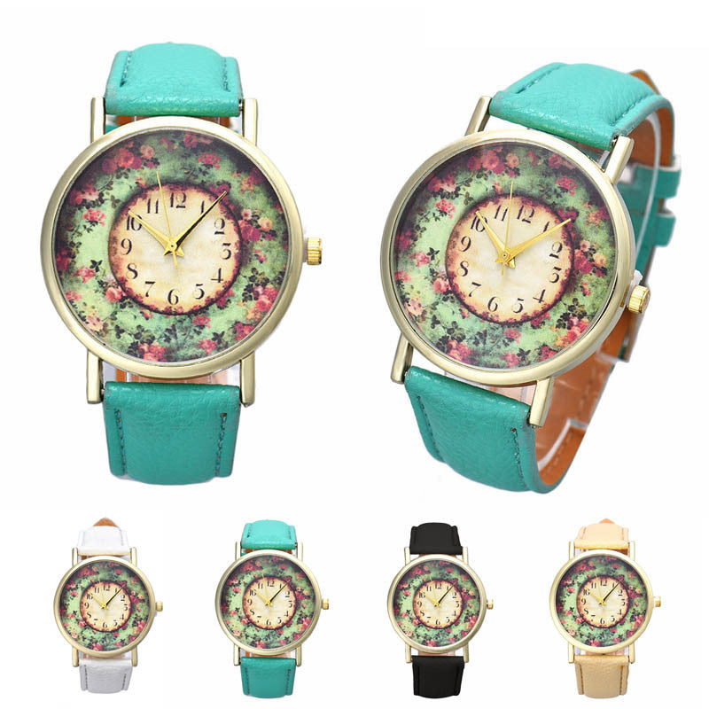 Floral Printed Women Watches Leather Band Watch ww-d