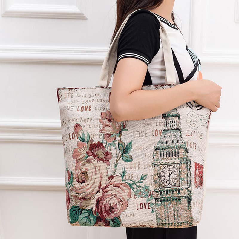 Fashion Summer Canvas Tote Floral Tower Printed Summer Beach Bag