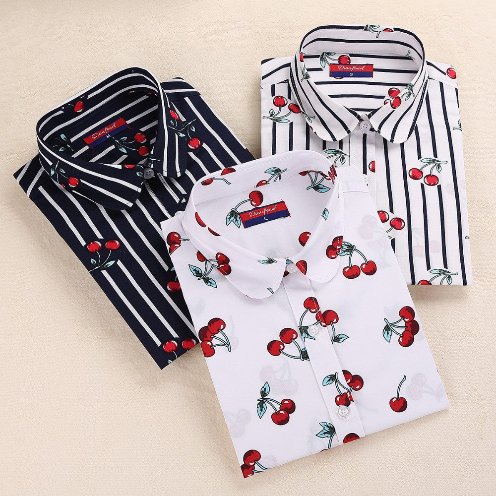 Floral Shirt Tops Casual Cherry Long Sleeve Ladies Fashion Clothing