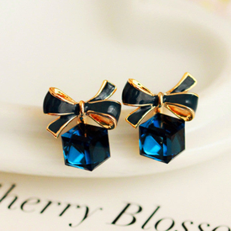 High Quality Gold Bow Cubic Crystal Earrings Blue Rhinestone